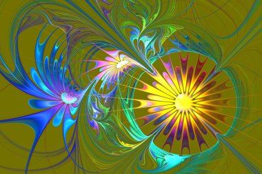 Çiçek arka plan. Mavi ve sarı palet. Fraktal tasarım. Comp