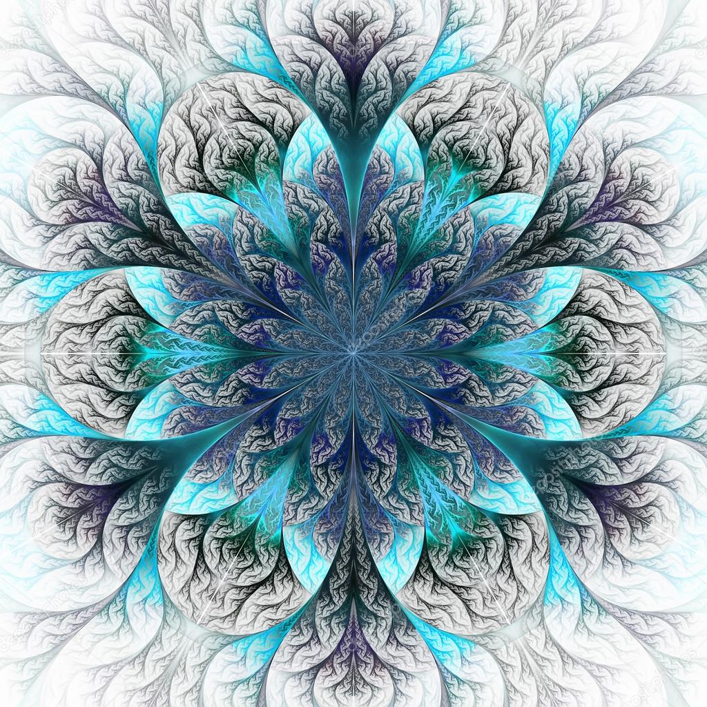 Beautiful fractal flower in blue and gray. Computer generated gr