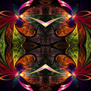 Simetrik fraktal desende vitray pencere stili. Karanlık-