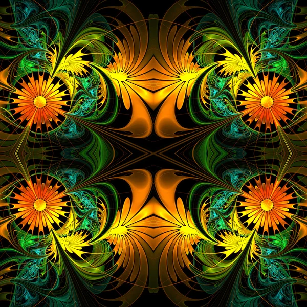 Blütenmuster. orange, grün und schwarz. Fraktales Design. — Stockfoto