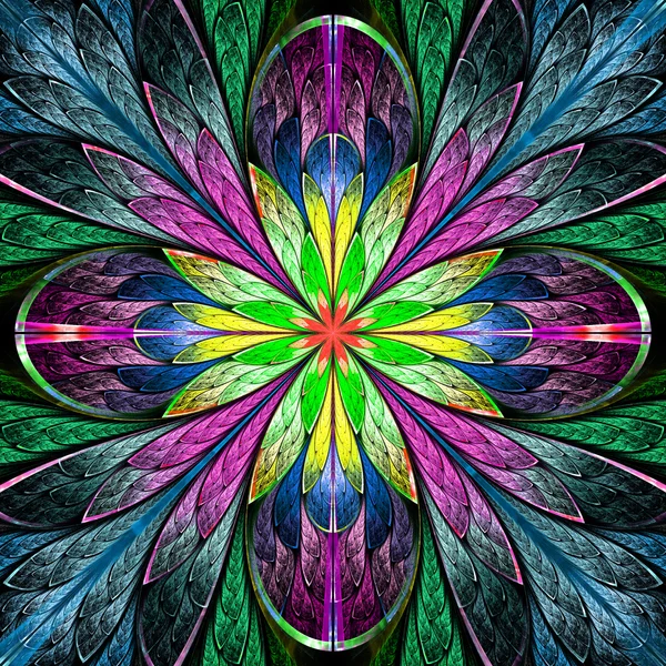 Mångfärgade symmetriska fraktal blomma i glasmålning — Stockfoto