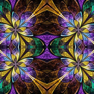 Simetrik desen vitray pencere stili. Mavi, yeşil bir