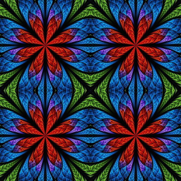 Symmetrical fractal pattern in stained-glass window style. Red, — Stock Photo, Image