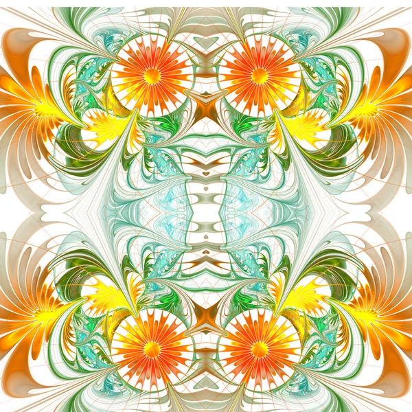 花朵图案。橙色和绿色的调色板。分形设计。计算机 — 图库照片
