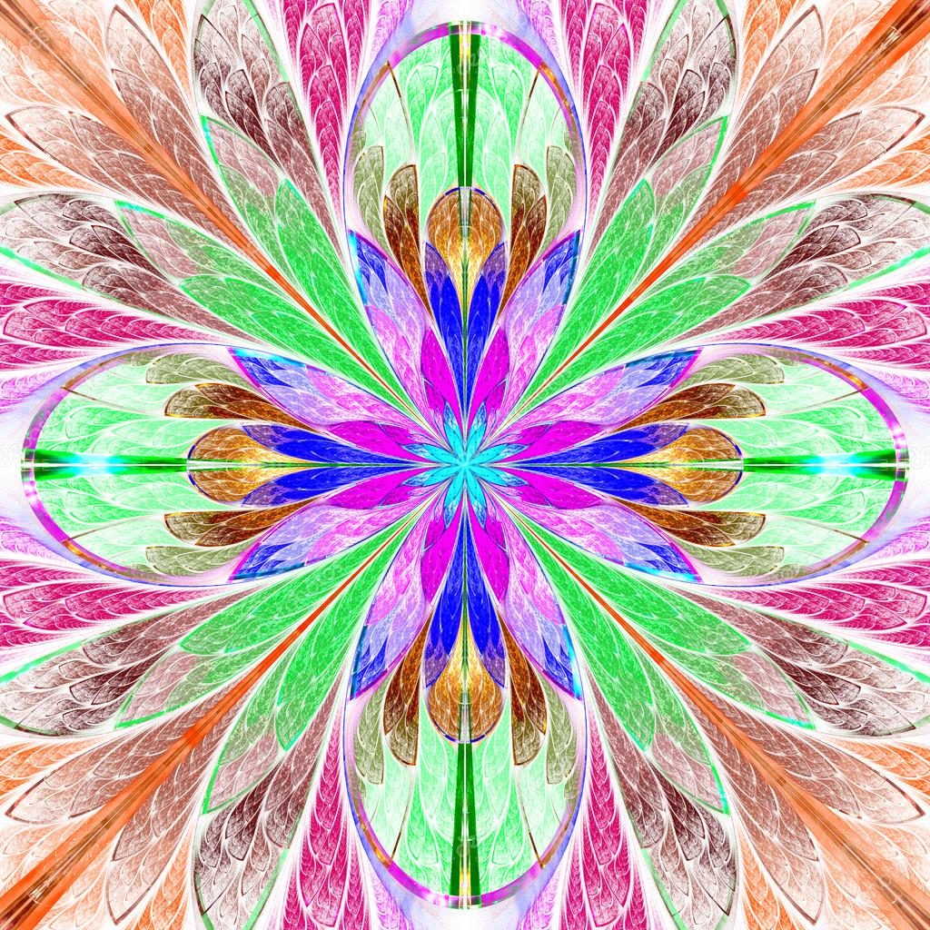 Multicolored symmetrical fractal flower in stained-glass window — Stock