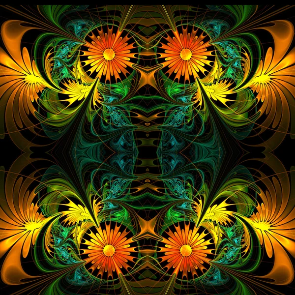 花朵图案。橙色、 绿色和黑色的调色板。分形设计. — 图库照片
