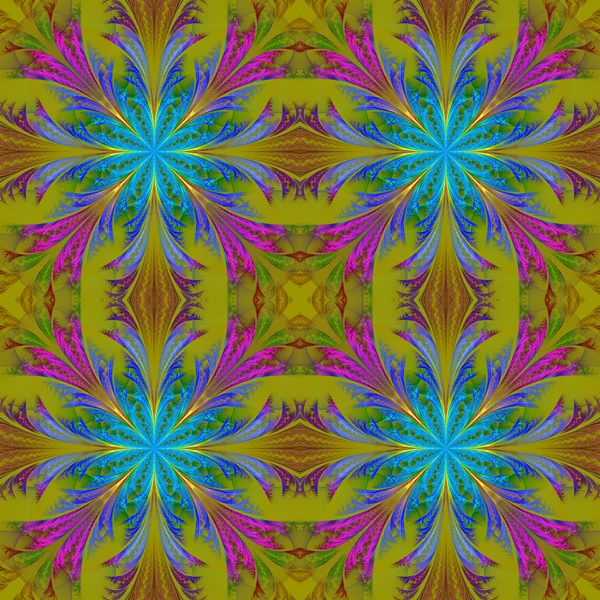 Beautiful pattern from fractal flowers. Blue and olive palette. — Stock Photo, Image