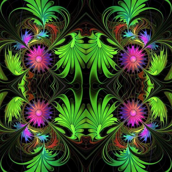 フラクタル デザインの花柄。紫と緑のパレット。B — ストック写真