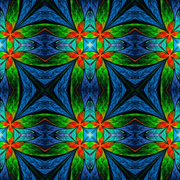 Symmetrical flower pattern in stained-glass window style on blac — Stock Photo, Image