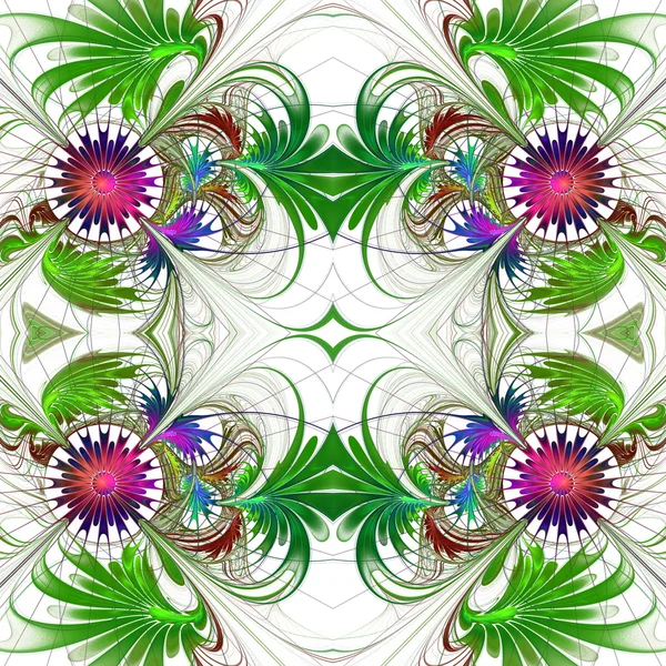 Padrão de flor em design fractal. Paleta roxa e verde. Em branco. Gráficos gerados por computador . — Fotografia de Stock
