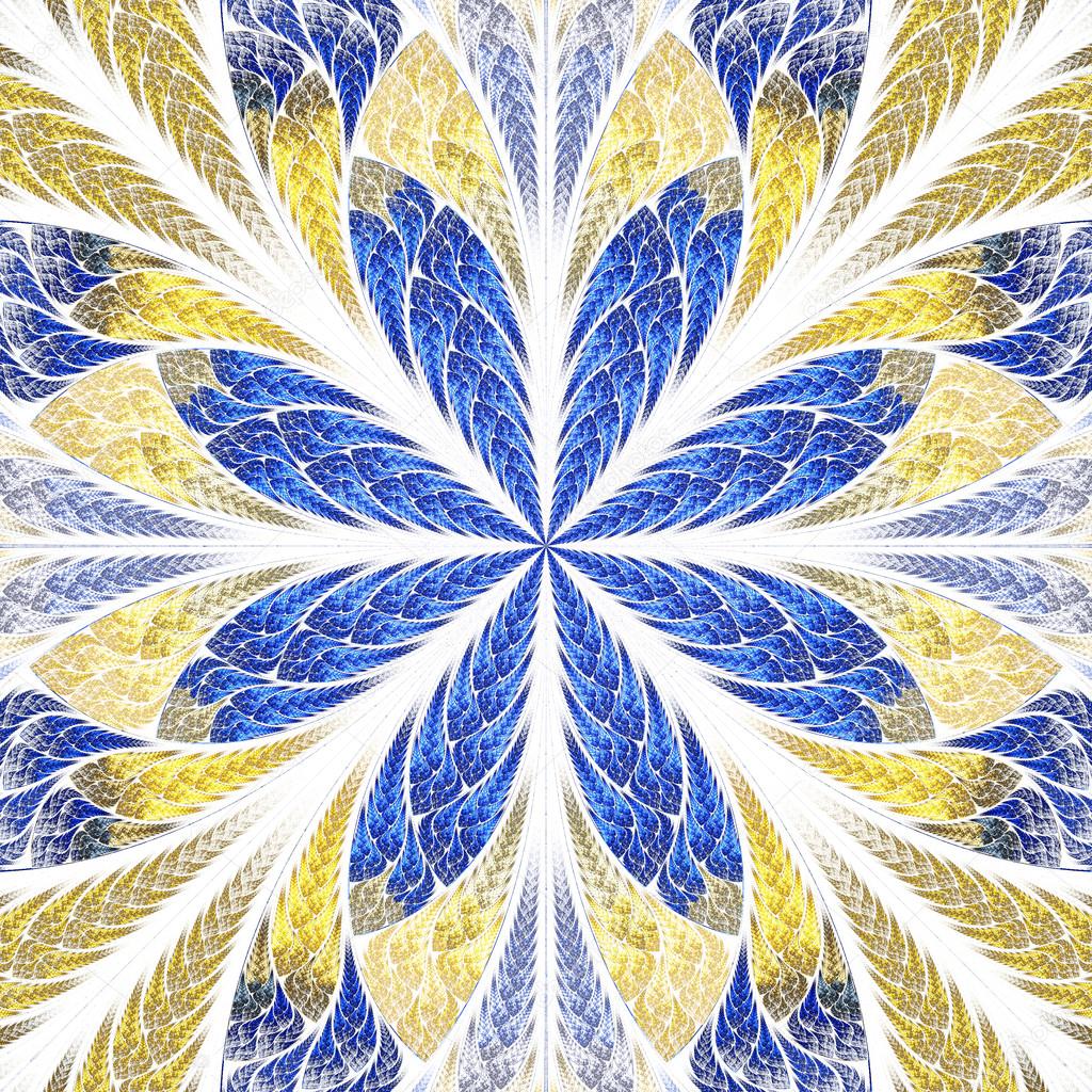 Symmetrical fractal flower in stained-glass window style. Blue a