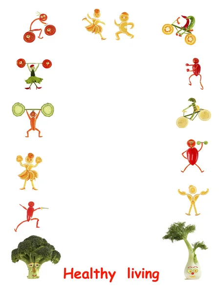 Sağlıklı yaşam. Küçük komik insanlar yapılmış sebze ve meyve — Stok fotoğraf