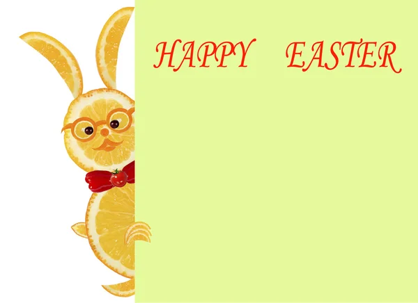 Kreatives Ernährungskonzept. kleine lustige gelbe Kaninchen mit Text happ — Stockfoto