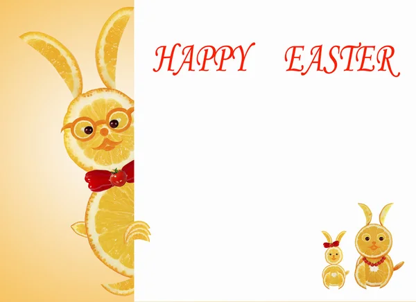 Kreatives Ernährungskonzept. kleine lustige gelbe Kaninchen mit Text hap — Stockfoto