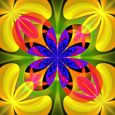 Çiçek yaprakları köşegen simetrik desen. Mavi, sarı 