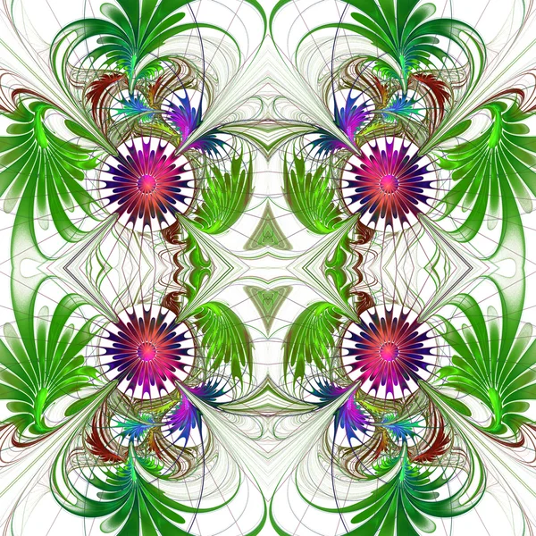 Modello di fiore nel disegno frattale. Tavolozza viola e verde. Su w — Foto Stock