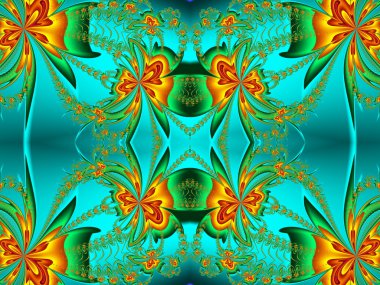 Fraktal tasarım çiçek deseni. Turuncu ve yeşil palet. Comp