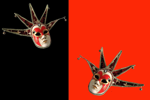  Venetian masks on a black and red background.