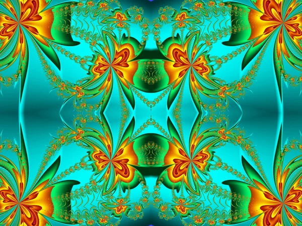 Patrón de flores en diseño fractal. Paleta naranja y verde. Comp. — Foto de Stock