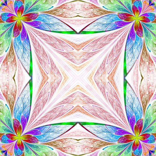 Symmetrical multicolored flower pattern in stained-glass window — Stock Photo, Image