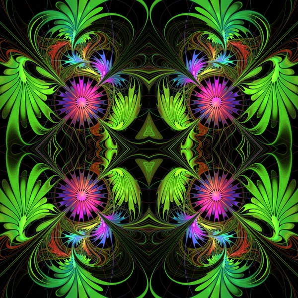 Λουλούδι μοτίβο στο σχεδιασμό φράκταλ. Μοβ και πράσινο παλέτα. Με το β — Φωτογραφία Αρχείου