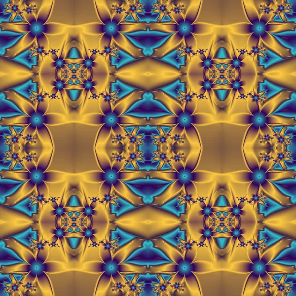 Flower pattern in fractal design. Blue and gold palette. Compute — Stock Photo, Image