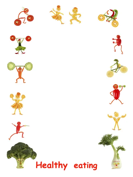 Alimentação saudável. Pequenas pessoas engraçadas feitas de legumes e frutas — Fotografia de Stock