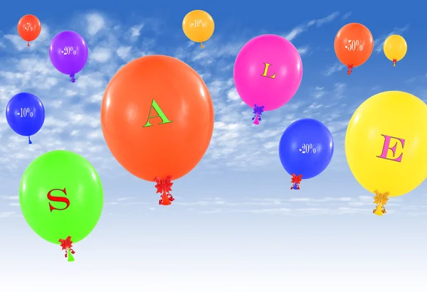 Grupo volador de globos, concepto de mensaje de venta para tienda — Foto de Stock