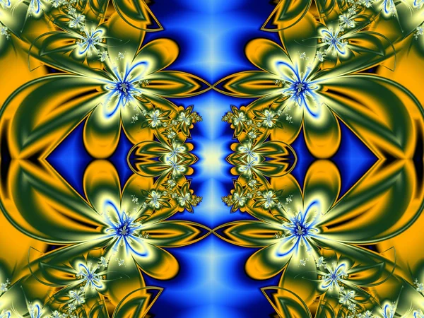 Flower pattern in fractal design. Green, yellow and blue. Comput — Stock Photo, Image