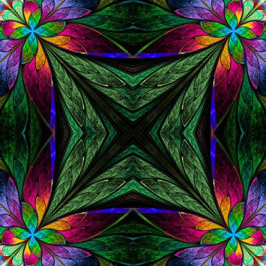 Vitray pencere simetrik çok renkli çiçek deseni 