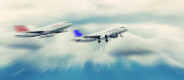 Fondo abstracto. Dos aviones de pasajeros volando sobre las nubes . — Foto de Stock