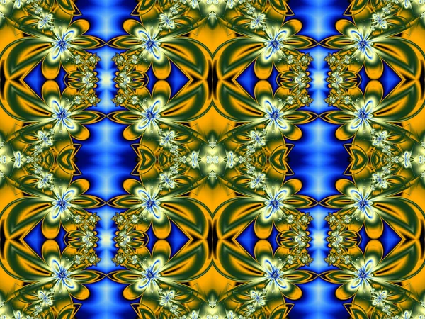 Patrón de flores en diseño fractal. Verde, amarillo y azul. Composición —  Fotos de Stock