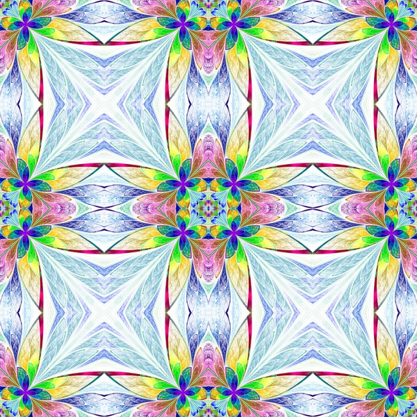 Symmetrisk flerfarvet blomstermønster i farvet glas vindue - Stock-foto