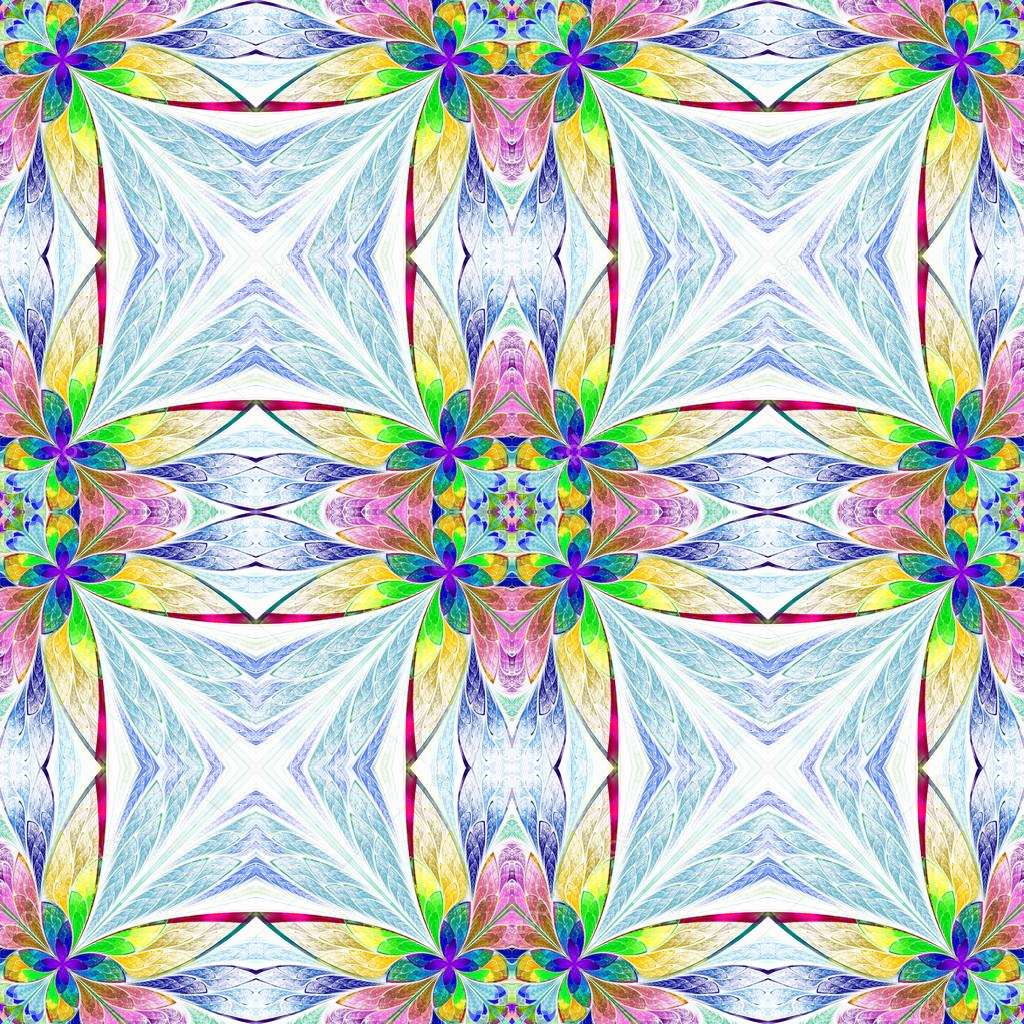 Symmetrical multicolored flower pattern in stained-glass window 