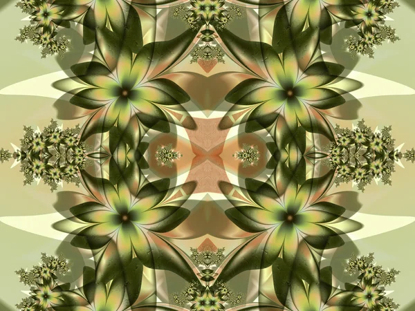 Patrón de flores en diseño fractal. Paleta verde y beige. Compu —  Fotos de Stock