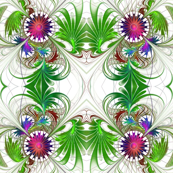 Padrão de flor em design fractal. Paleta roxa e verde. Em w — Fotografia de Stock