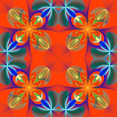 Çiçek yaprakları simetrik desen. Mavi ve turuncu palett