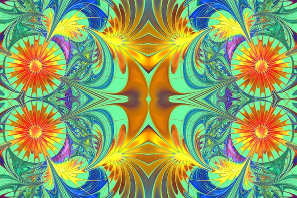 Patrón de flores en diseño fractal. Paleta naranja y azul. En li —  Fotos de Stock