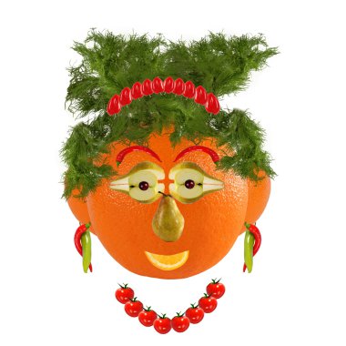 Sağlıklı beslenme. Meyve ve sebze yapılmış komik kadın yüzü