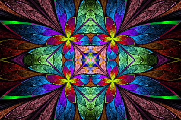 ステンド グラスの窓で対称的な色とりどりの花のパターン — ストック写真