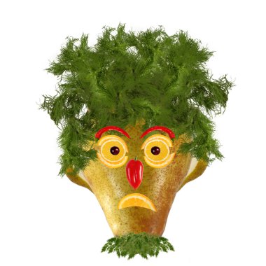 Yaratıcı yiyecekler. Komik surat yapılmış armut ve portakal