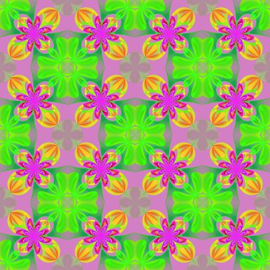 Beautiful symmetrical pattern of the flower petals in fractal design. Green, yellow and pink palette.