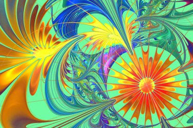Flower background in fractal design. Orange and blue palette. On light-green.