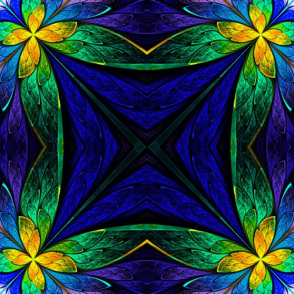Симметричный цветочный узор в стиле витража на черном. Зеленая, желтая и темно-синяя палитра. Компьютерная графика . — стоковое фото