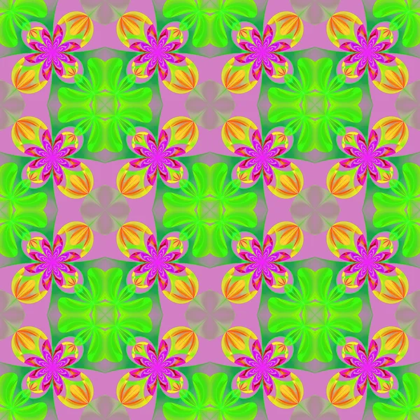 Hermoso patrón simétrico de los pétalos de flores en diseño fractal. Paleta verde, amarilla y rosa . —  Fotos de Stock