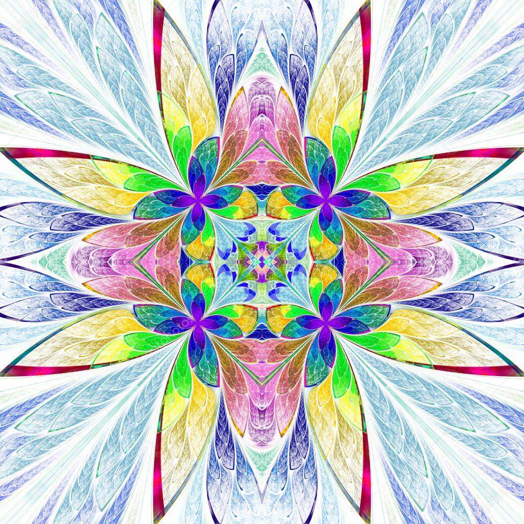 Symmetrical multicolored flower pattern in stained-glass window style on light.  Computer generated graphics.