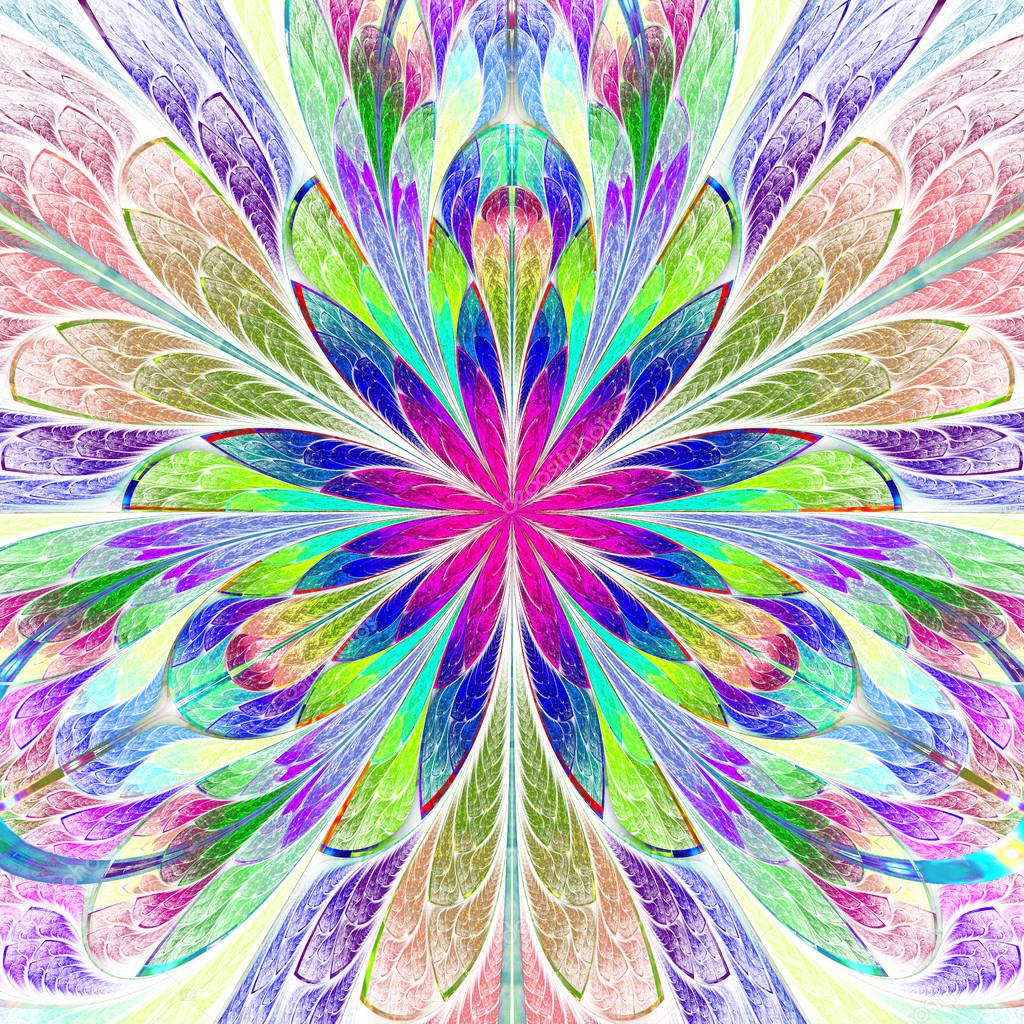 Multicolored symmetrical fractal flower in stained-glass window 