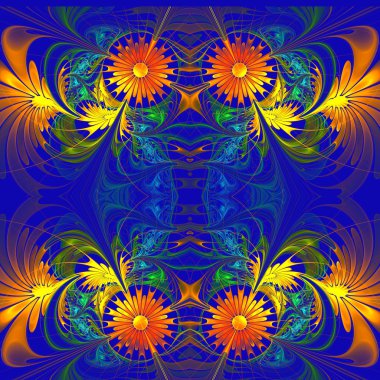 Çiçek deseni. Turuncu ve darkblue palet. Fraktal tasarım. Com