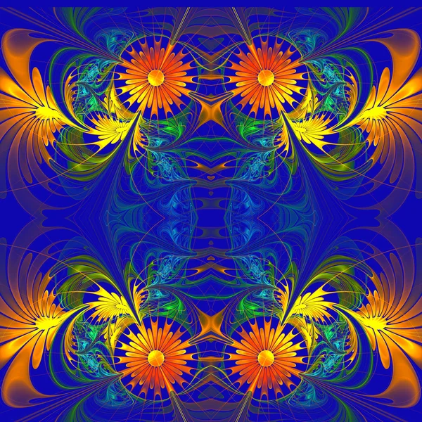 Blütenmuster. Orange und dunkelblaue Palette. Fraktales Design. com — Stockfoto