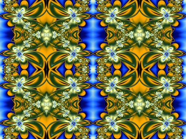 Patrón de flores en diseño fractal. Verde, amarillo y azul. Composición —  Fotos de Stock